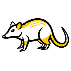 Illustration of a white and yellow quoll with black outlines standing on a white background facing left