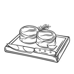 Two round steaks on rectangle wooden board with knife line icon. Outline hand drawn sketch of raw tenderloin meat and garlic for cooking meal. Kitchen, dinner mascot, fresh steaks vector illustration
