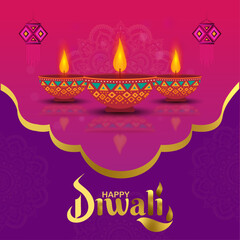 Colorful Diwali Festival Greeting with Traditional Oil Lamps and Golden Decorations