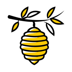 Illustration of a beehive hanging from a branch with leaves in yellow and black on a white background
