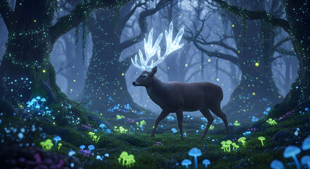 Mystical deer with glowing crystal antlers in an enchanted bioluminescent forest at night.