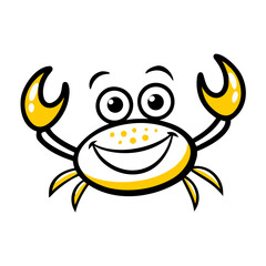 A cheerful cartoon crab with yellow claws and a big smile stands out against a white background