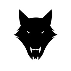 Silhouette of a wolf head with sharp teeth and pointed ears on a white background design element
