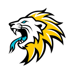 Angry lion head with yellow mane and blue tongue roaring in a stylized vector illustration design