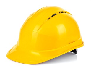 Fototapeta premium Bright yellow safety helmet stands out against a plain white background.