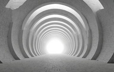 Obraz premium Abstract tunnel with circular arches leading to bright light at the end