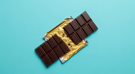 Delicious Dark Chocolate Bars Wrapped in Gold Foil on Turquoise Background