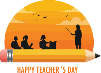 Celebrating teacher appreciation day with students learning silhouettes against a warm sunset and giant pencil symbolizing education and knowledge vector