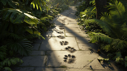 Animal tracks leading down a sunlit stone pathway in a jungle