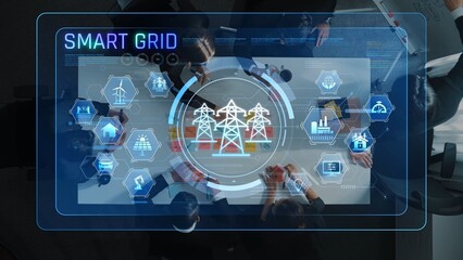 A modern office setting showcases a smart grid concept through digital interfaces, emphasizing...