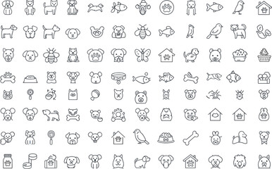 Collection of cute pet icons line art, dogs, cats, birds, fish, animals, food, toys, house, veterinary symbols illustration.