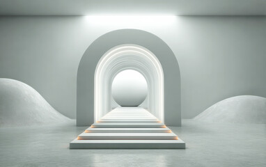 Obraz premium Modern geometric archway with bright lighting and smooth steps