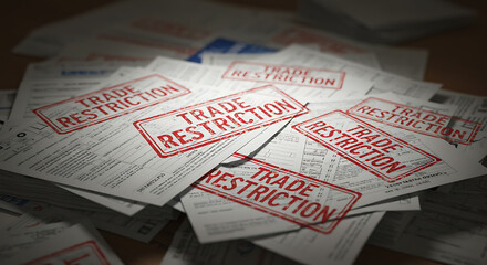 Pile of documents with red stamps saying “Trade Restriction” on top