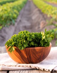 Fresh parsley in a wooden bowl on a table in a field