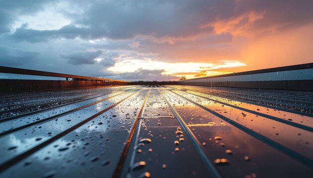 Reflective Sunset Raindrops on Metal Surface