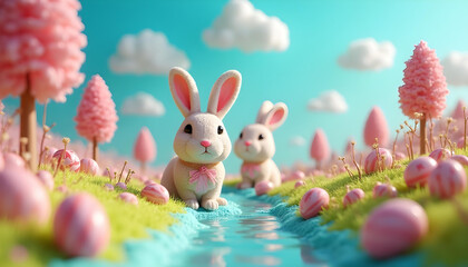 Easter bunny and easter eggs, Generate a surreal candyland style Easter world where eggs are made of chocolate, jellybeans, and gummy candy. Brightly colored candy cane trees line the landscape