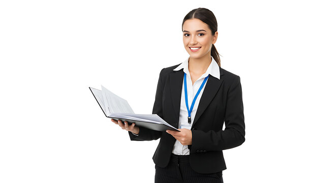 Young intern with ID badge, holding a folder of documents, isolated on white