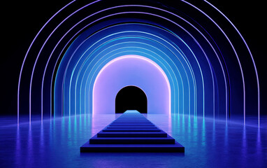 Fototapeta premium Futuristic neon light tunnel with glowing arches and steps