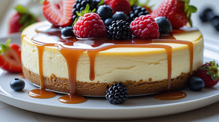 Cheesecake with Caramel Drizzle and Mixed Berries 3