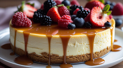 Cheesecake with Caramel Drizzle and Mixed Berries 1
