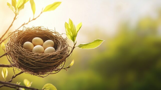 Elegant Nest with Eggs Surrounded by Green Leaves in Sunrise Light