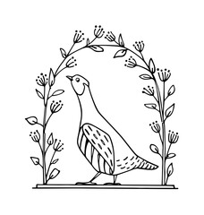 Vector card with hand drawn cute Grey Partridge  in graceful floral arch. Beautiful animal design elements, ink drawing, logo template