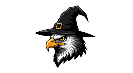 Majestic eagle head wearing a witch hat with intense eyes on a black background