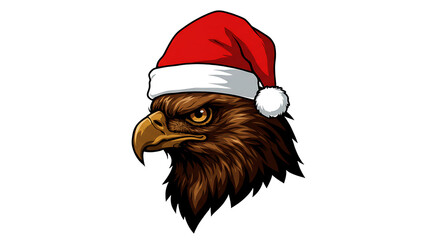 Fierce eagle head wearing a festive red santa hat with white trim on a black background
