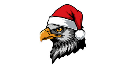 Close up profile of a fierce eagle wearing a festive red santa hat against a dark background