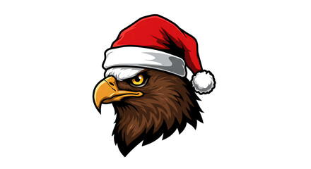Fierce eagle head wearing a red santa hat with white fur trim for christmas celebrations