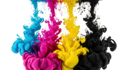 Vibrant cyan, magenta, yellow, black ink plumes intensely dissolving, expanding, swirling in clear water, against a stark white background with copy space. Concept of color theory and fluid dynamics