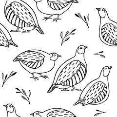 Vector seamless pattern with hand drawn cute Grey Partridges with floral elements. Perfect design elements, beautiful illustration, ink drawing