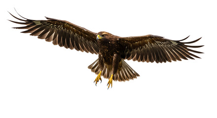 Majestic golden eagle in dramatic flight with wings spread wide against a black background