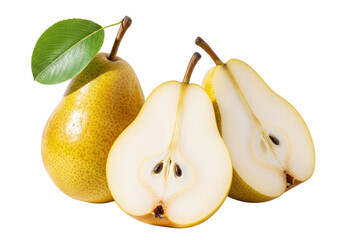 Three fresh Bosc pears, two whole, one sliced, revealing juicy flesh and dark seeds, on transparent background with soft shadows and creamy bokeh, high-end food photography concept.