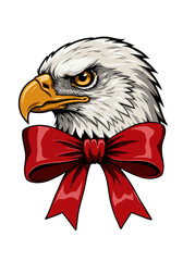 Majestic bald eagle head wearing a festive red bow on a black background