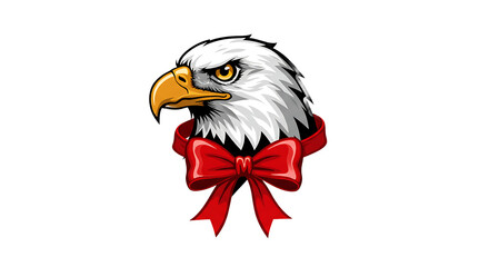 Majestic bald eagle head with piercing eyes adorned with a vibrant red bow against a stark black background