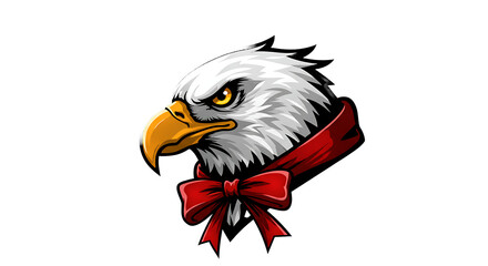 Majestic bald eagle head with red scarf and bow on black background