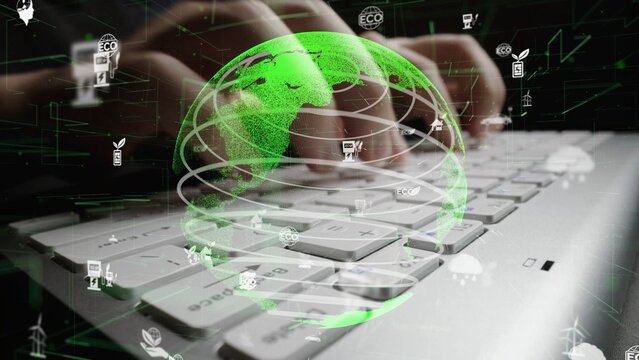 An artistic representation of a person typing on a laptop, enhanced with a green globe and eco-friendly icons, symbolizing technology role in global connectivity and sustainability. Xenic - Powered by Adobe