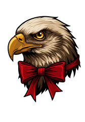 Majestic bald eagle head with a festive red bow tie against a dark background