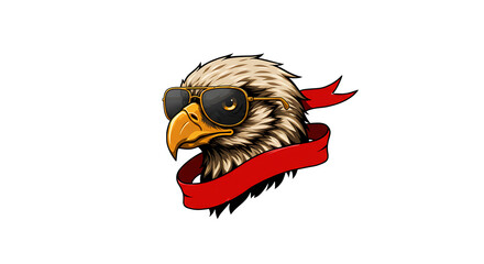 Cool eagle head wearing sunglasses and red ribbon on black background