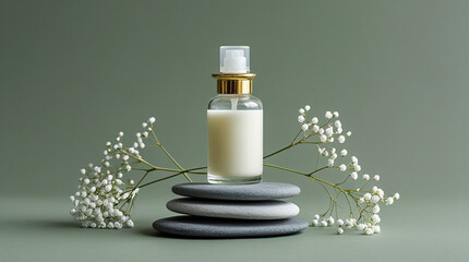 Glass Bottle of Essential Oil on Zen Stones with Flowers 3