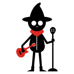  Silhouette vector illustration of a funny cartoon holding a guitar and microphone