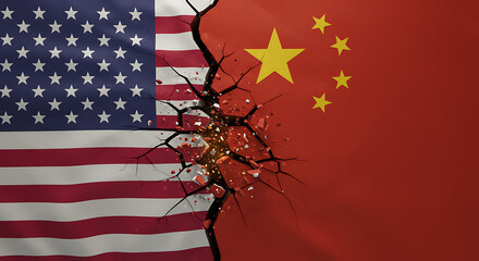 Flags of USA and China colliding with a crack between them, symbolizing trade war