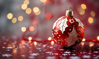 Red Christmas ornament with white floral patterns sits on surface with snowflakes, warm bokeh lights creating festive atmosphere. Generative AI.