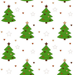 Vector seamless pattern with Christmas trees, stars and hearts on a white background. Great for Christmas wrapping paper, textiles, packaging and festive decoration