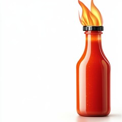 Hot Sauce Bottle on Fire Isolated on White Background, condiment ,spicy