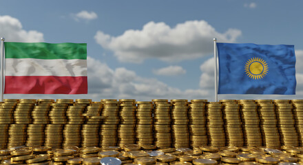 Wall of stacked coins acting as a barrier between two nations’ flags