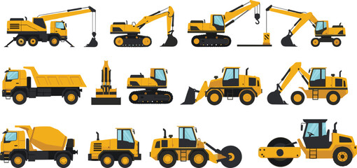 Construction vehicle illustration set, crane excavator bulldozer mixer roller loader, heavy machinery graphic, civil engineering tools, industrial equipment vector clipart