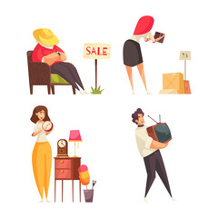 Yard Sale Illustrations People Selling and Buying Used Items