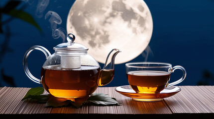 Glass Teapot and Cup of Tea with Full Moon Background 2